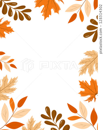 Rectangular template with autumn leaves in warm orange and brown tones on white background. Space for text. Perfect for seasonal invitations, greeting cards, flyers, posters, and Thanksgiving designs. 128314302