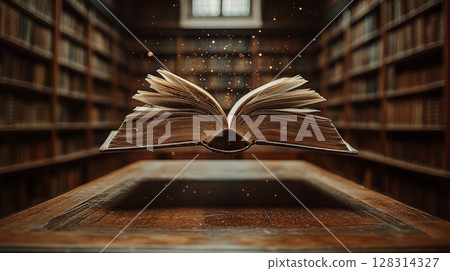 Open book floating in vintage library with magical dust particles, knowledge and education concept for literature studies and academic research 128314327
