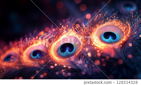 Peacock feathers close-up with glowing blue eye pattern against dark background, luxury and exotic bird plumage texture 128314328