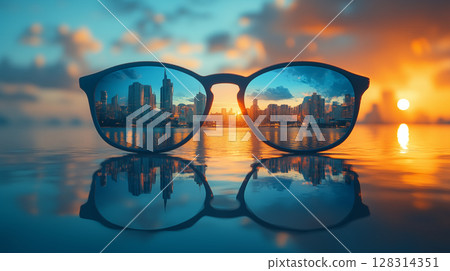 Sunglasses reflecting city skyline at sunset with mirror water surface, creative urban photography capturing modern architecture and golden hour Sunglasses reflecting city skyline at sunset with mirror water surface, creative urban photography capturing modern architecture and golden hour 128314351