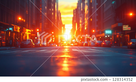 Sunset illuminating urban street with golden light reflecting on wet asphalt, creating dramatic cityscape with glowing bokeh effects and warm atmosphere 128314352