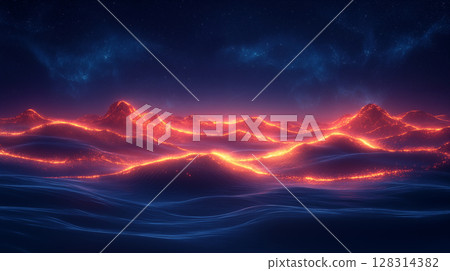 Digital landscape with glowing mountain peaks against starry night sky. Abstract futuristic terrain visualization concept Digital landscape with glowing mountain peaks against starry night sky. Abstract futuristic terrain visualization concept 128314382