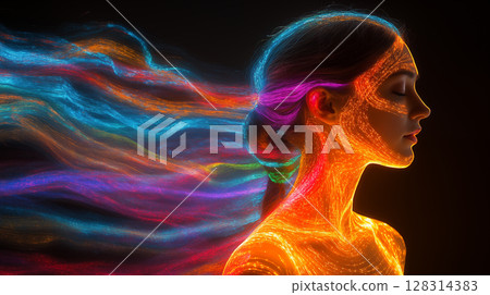 Digital portrait with colorful light streams flowing from woman profile, futuristic concept of consciousness and creativity. Vibrant neon energy waves representing imagination 128314383