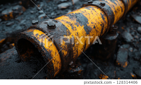 Industrial pipeline with yellow safety markings deteriorating against dark background, showing infrastructure maintenance needs and industrial decay Industrial pipeline with yellow safety markings deteriorating against dark background, showing infrastructure maintenance needs and industrial decay 128314406