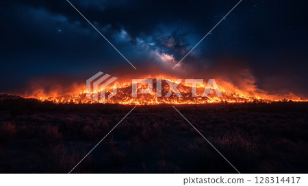 Mountain wildfire burning at night under starry sky, illuminating landscape with intense orange glow. Natural disaster and climate change concept Mountain wildfire burning at night under starry sky, illuminating landscape with intense orange glow. Natural disaster and climate change concept 128314417