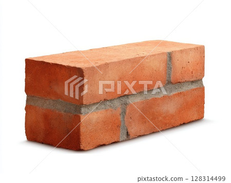 Red brick with gray mortar on white background. Sturdy building block for construction, ideal for architectural design. 128314499