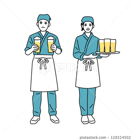 Male and female bar staff working 128314502