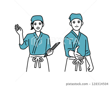 Male and female bar staff working Male and female bar staff working 128314504