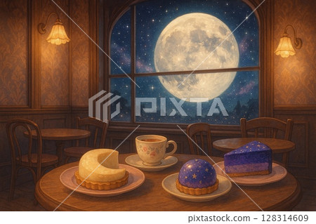 A stylish antique cafe with a view of the night sky 128314609