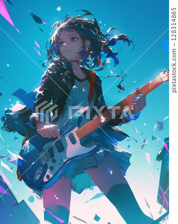 A happy girl holding a guitar 128314865