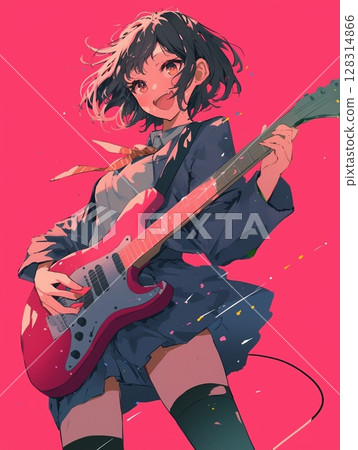 A happy girl holding a guitar 128314866