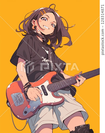 A happy girl holding a guitar 128314871