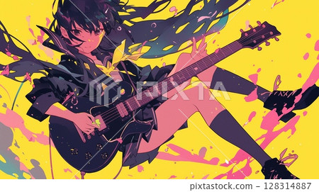 一個拿著吉他看起來很高興的女孩 128314887