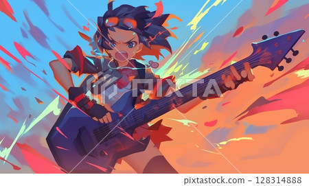 一個拿著吉他看起來很高興的女孩 一個拿著吉他看起來很高興的女孩 128314888