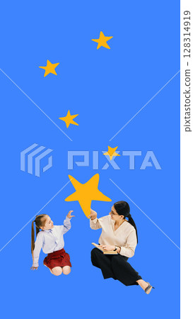 Collage with teacher and student reaching yellow star on blue background 128314919