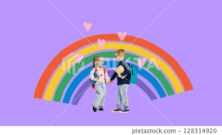 Mixed media collage of boy and girl holding hands under rainbow Mixed media collage of boy and girl holding hands under rainbow 128314920
