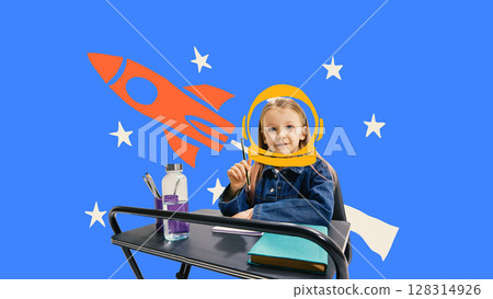 Mixed media collage. Schoolgirl in astronaut helmet with rocket and stars Mixed media collage. Schoolgirl in astronaut helmet with rocket and stars 128314926