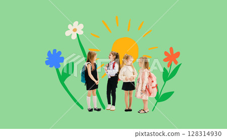 Mixed media collage. Group of schoolgirls talking with flower and sun drawings Mixed media collage. Group of schoolgirls talking with flower and sun drawings 128314930