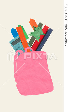 Collage of pink school backpack filled with books, calculator, origami tree, and colorful supplies 128314932