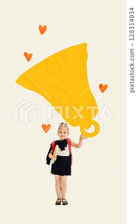 Collage with happy schoolgirl holding big yellow paper bell with hearts around Collage with happy schoolgirl holding big yellow paper bell with hearts around 128314934