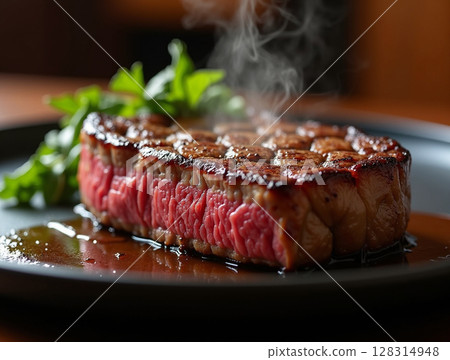 Juicy Medium-Rare Steak with Crispy Sear and Rising Steam on Elegant Plate in Warm Light 128314948