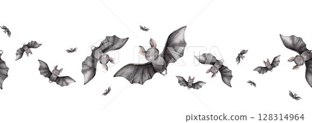 Seamless border or banner for Halloween cute black bats on an isolated background. Hand drawn watercolor illustration for kids. Perfect for decorations, cards, and crafts. 128314964