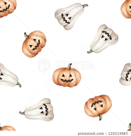 Seamless pattern for Halloween with cute pumpkins with face on an isolated background. Hand drawn watercolor illustration for kids. Perfect for decorations, cards, and crafts. 128314965