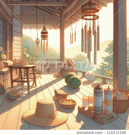 Scenery of summer wind blowing on the veranda, Japanese summer illustration with wind chimes and watermelon 128315100
