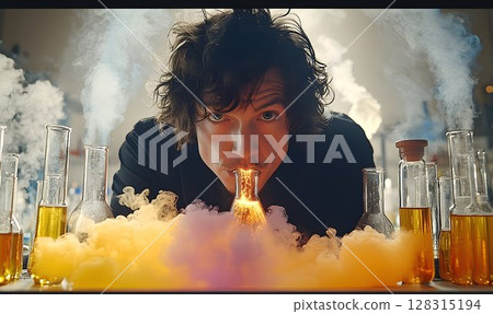 Scientist conducting experiment with colorful smoke and flasks 128315194