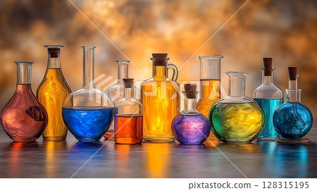 Colorful glass bottles and flasks science experiment chemistry research 128315195