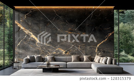 Dark marble wall with gold veins modern living room interior 128315379