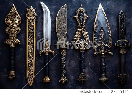 Ornate fantasy swords collection gold and black blades Ornate fantasy swords collection gold and black blades 128315415
