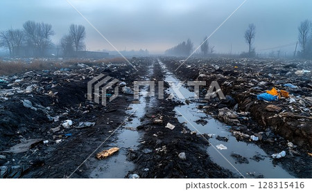 Polluted field environmental waste and damage landscape photography 128315416