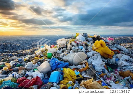 Plastic waste pollution hill sunset environmental image Plastic waste pollution hill sunset environmental image 128315417