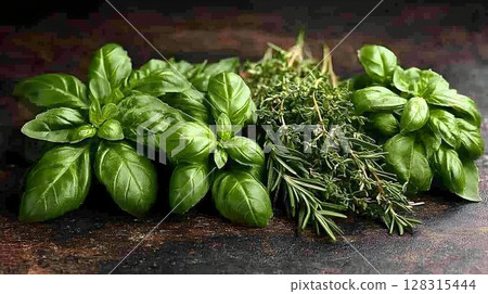 Fresh culinary herbs basil thyme rosemary 128315444