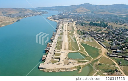 Aerial view harbor waterway urban development cityscape 128315513