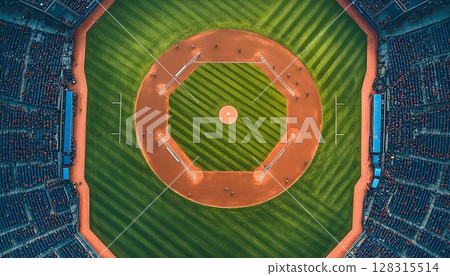 Aerial view of baseball field green grass orange clay and spectator stands 128315514