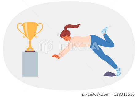 Woman falls on path to success and fails in desire to get golden cup symbolizing leadership Woman falls on path to success and fails in desire to get golden cup symbolizing leadership 128315536