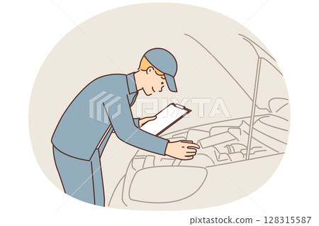 Man auto mechanic with clipboard conducts technical inspection of car standing near open hood 128315587