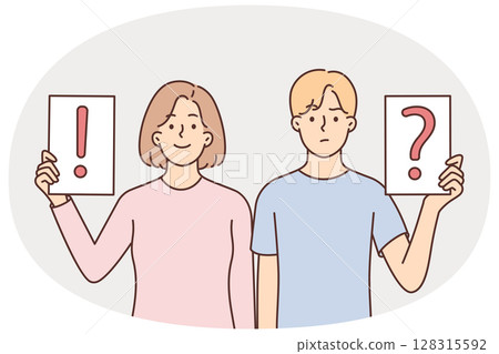 Man and woman showing signs with question and exclamation marks for concept of disagreement 128315592