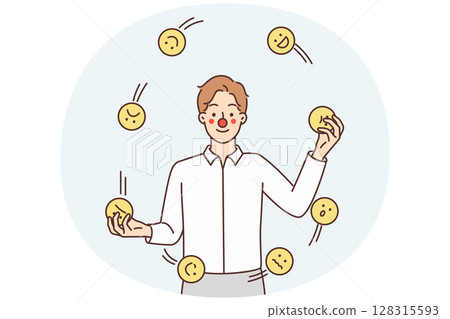 Man with clown face juggles emoticons with emotions symbolizing attempt to hide own emotions Man with clown face juggles emoticons with emotions symbolizing attempt to hide own emotions 128315593