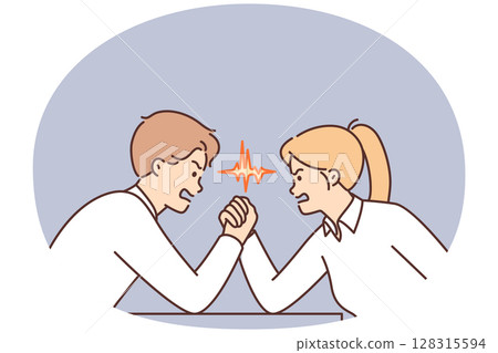 Colleagues are engaged in arm wrestling competing for good position or promising project for company 128315594