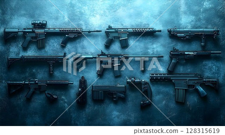 Firearm collection dark blue textured background 128315619
