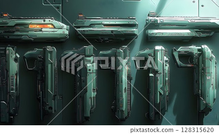 Futuristic weaponry collection teal and white sci fi guns 128315620