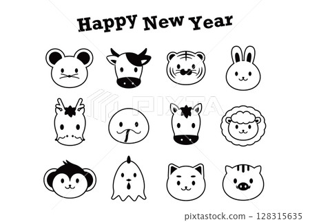 Retro cute zodiac New Year's card template Retro cute zodiac New Year's card template 128315635