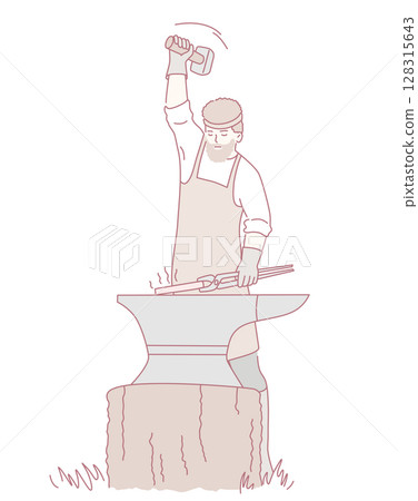 A skilled blacksmith is vigorously hammering metal on an anvil during a creative process 128315643