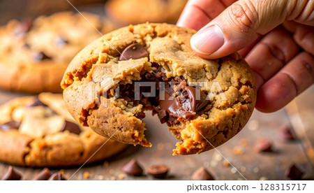 背景是手拿的巧克力餅乾的特寫 背景是手拿的巧克力餅乾的特寫 128315717