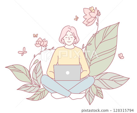 A Woman is Working on Her Laptop While Being Surrounded by Beautiful Nature All Around Her 128315794