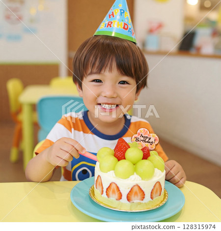 Birthday: Boy wearing a tricorn hat and eating cake Melon cake 128315974