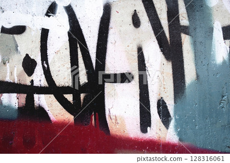 Abstract Urban Red, Black, Teal Graffiti on Concrete Wall, 90s Street Art Vibe 128316061